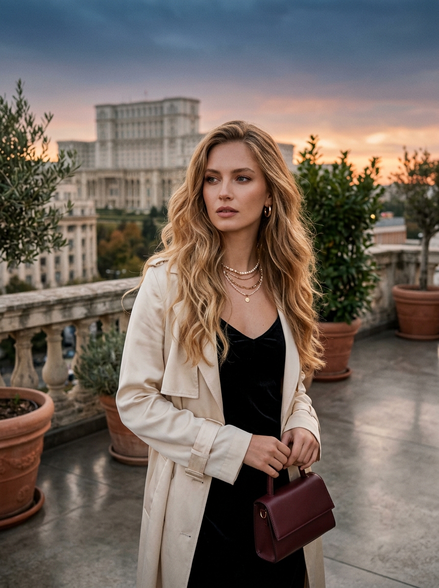 Model în București cu vedere spre Casa Poporului